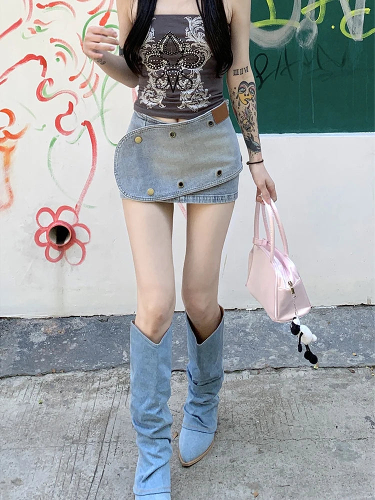 TAMBREET  Summer New Collection Multi Metal Buckles Skew Irregular Blue Super Short Mini Denim Skirt Women