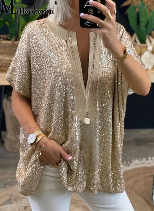 TAMBREET Summer New Fashion Sequin Decoration Blouse Women Short Sleeve V Neck Shirt Commuter Casual Female Versatile Basic Loose Tops 23