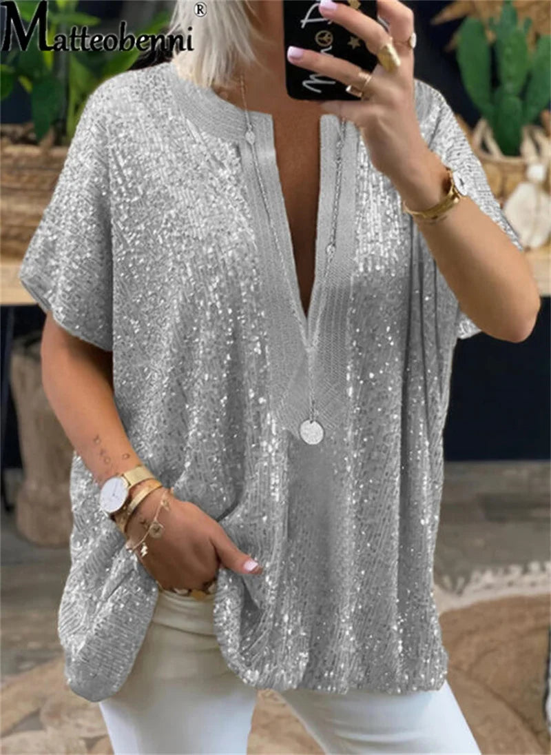 TAMBREET Summer New Fashion Sequin Decoration Blouse Women Short Sleeve V Neck Shirt Commuter Casual Female Versatile Basic Loose Tops 23