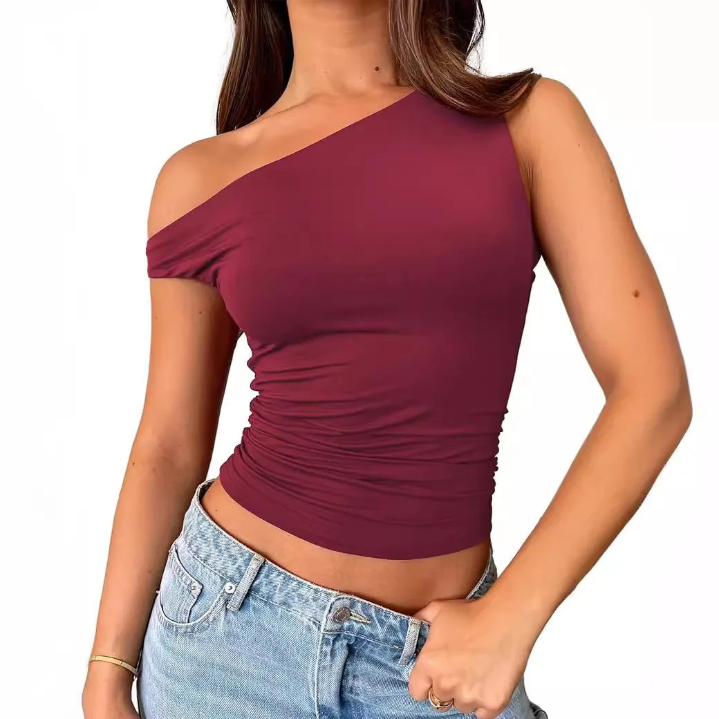 TAMBREET Summer New Wild Solid Color Spell Vest T-shirt Female Sexy Diagonal Sleeveless Top