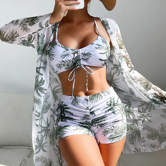 TAMBREET Summer Print Swimsuits Tankini Sets Female Swimwear Push Up For Beach Wear Three-Piece Bathing Suits Pool Women's Swimming Suit