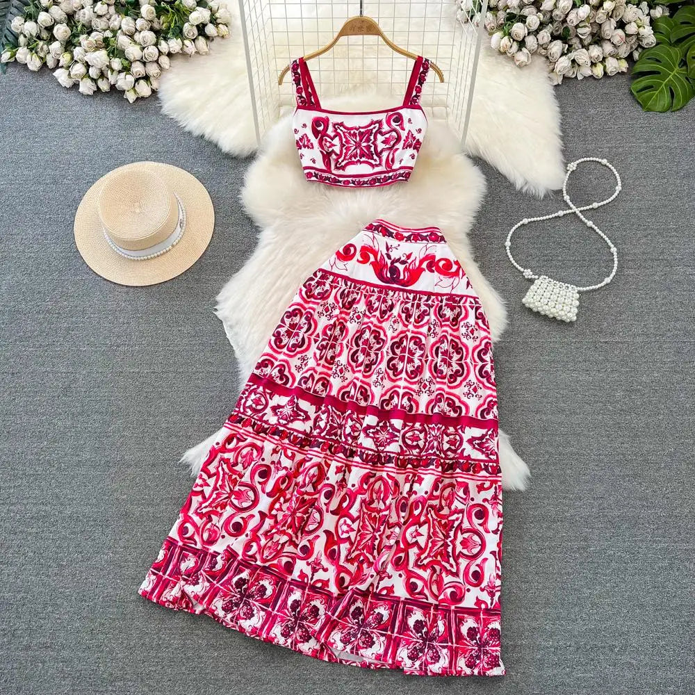 TAMBREET Summer Runway Holiday Red Blue and White Porcelain Print Two Piece Set Women Spaghetti Strap Short Tops＋Maxi Skirts Set Suit