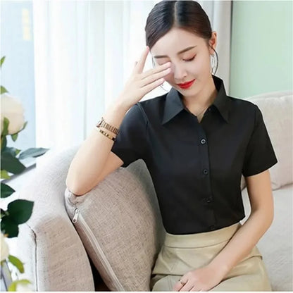 TAMBREET Summer Short Sleeve White Black Women Shirt Women's Blouse Slim Fitting Professional Work Clothes Formal Office Lady Ol Blouse