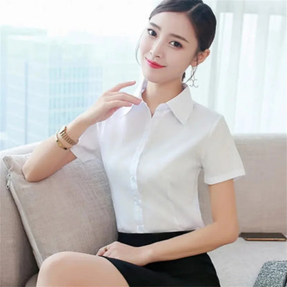 TAMBREET Summer Short Sleeve White Black Women Shirt Women's Blouse Slim Fitting Professional Work Clothes Formal Office Lady Ol Blouse