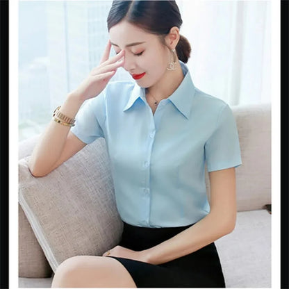 TAMBREET Summer Short Sleeve White Black Women Shirt Women's Blouse Slim Fitting Professional Work Clothes Formal Office Lady Ol Blouse