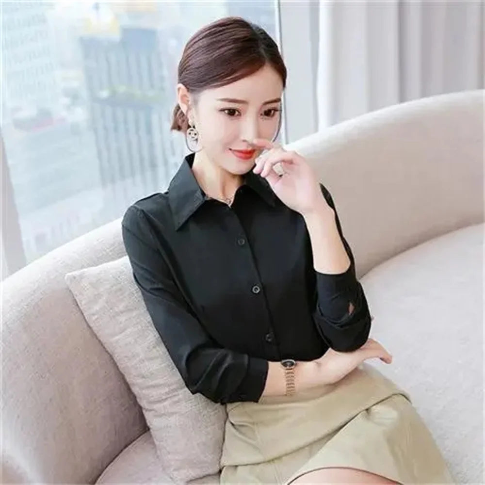 TAMBREET Summer Short Sleeve White Black Women Shirt Women's Blouse Slim Fitting Professional Work Clothes Formal Office Lady Ol Blouse