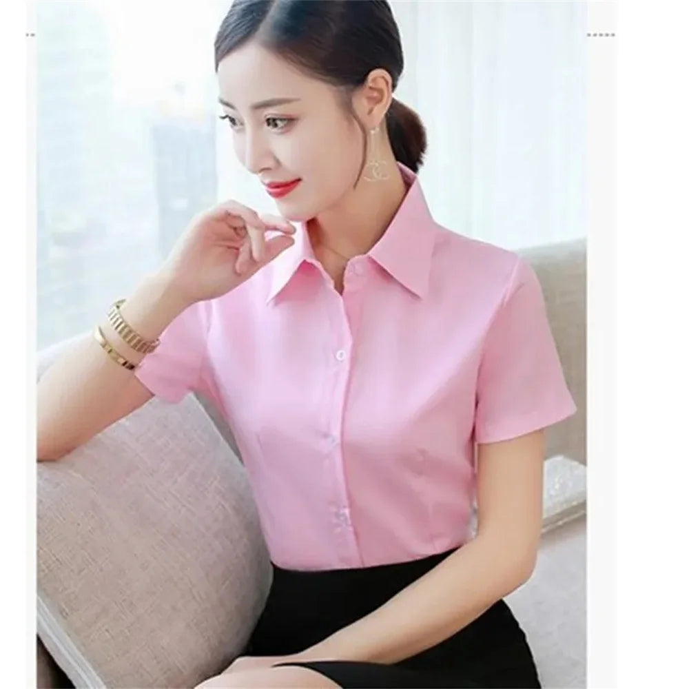 TAMBREET Summer Short Sleeve White Black Women Shirt Women's Blouse Slim Fitting Professional Work Clothes Formal Office Lady Ol Blouse