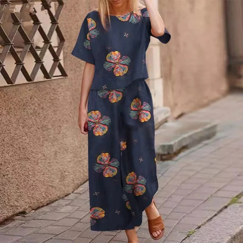 TAMBREET Summer Suit For Women Retro Printed Round Neck Cotton Linen Short-sleeved Casual Trousers Wide-leg Pants Two-piece Set