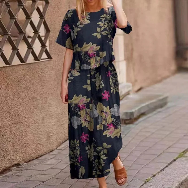 TAMBREET Summer Suit For Women Retro Printed Round Neck Cotton Linen Short-sleeved Casual Trousers Wide-leg Pants Two-piece Set