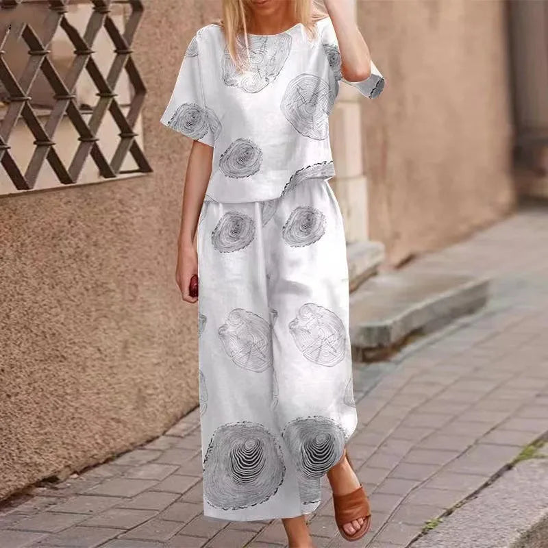 TAMBREET Summer Suit For Women Retro Printed Round Neck Cotton Linen Short-sleeved Casual Trousers Wide-leg Pants Two-piece Set