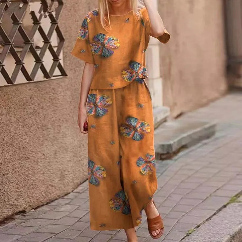 TAMBREET Summer Suit For Women Retro Printed Round Neck Cotton Linen Short-sleeved Casual Trousers Wide-leg Pants Two-piece Set