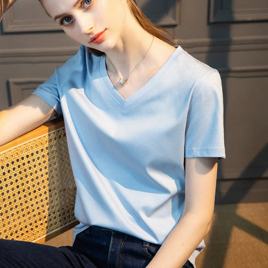 TAMBREET Summer T-shirt Soft Mulberry Silk Cotton O Neck T Shirt Womens Loose Short Sleeve Solid Top Women Color 2024 High Quality Korea