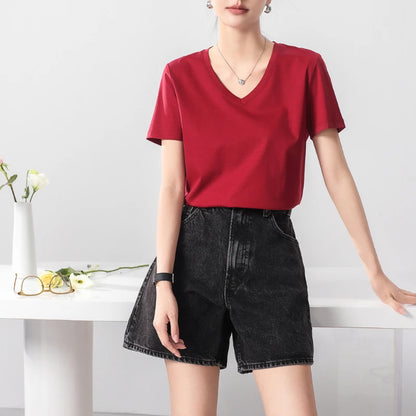 TAMBREET Summer T-shirt Soft Mulberry Silk Cotton O Neck T Shirt Womens Loose Short Sleeve Solid Top Women Color 2024 High Quality Korea