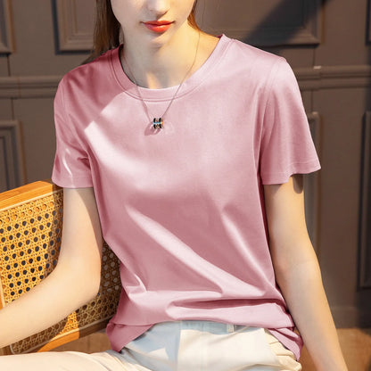 TAMBREET Summer T-shirt Soft Mulberry Silk Cotton O Neck T Shirt Womens Loose Short Sleeve Solid Top Women Color 2024 High Quality Korea