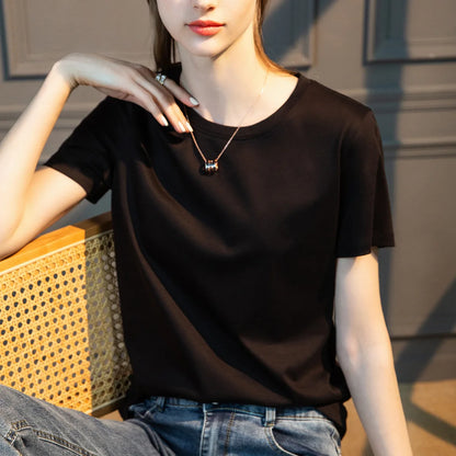 TAMBREET Summer T-shirt Soft Mulberry Silk Cotton O Neck T Shirt Womens Loose Short Sleeve Solid Top Women Color 2024 High Quality Korea