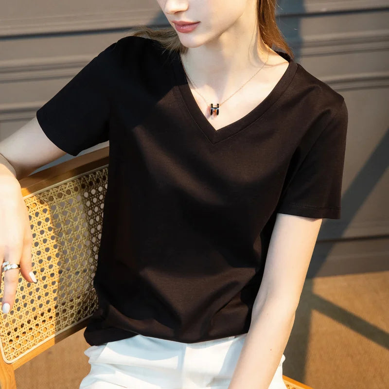 TAMBREET Summer T-shirt Soft Mulberry Silk Cotton O Neck T Shirt Womens Loose Short Sleeve Solid Top Women Color 2024 High Quality Korea