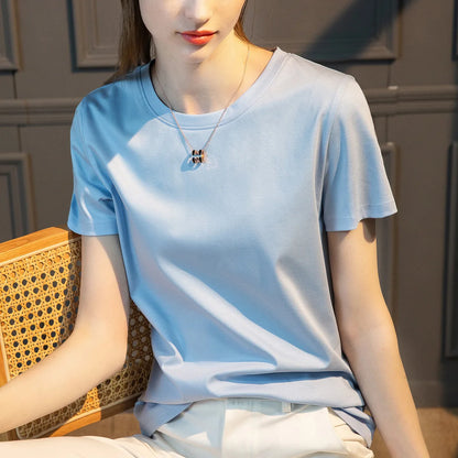 TAMBREET Summer T-shirt Soft Mulberry Silk Cotton O Neck T Shirt Womens Loose Short Sleeve Solid Top Women Color 2024 High Quality Korea