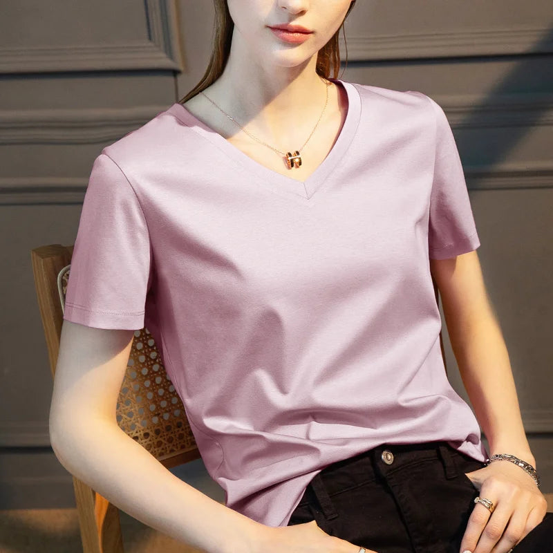 TAMBREET Summer T-shirt Soft Mulberry Silk Cotton O Neck T Shirt Womens Loose Short Sleeve Solid Top Women Color 2024 High Quality Korea