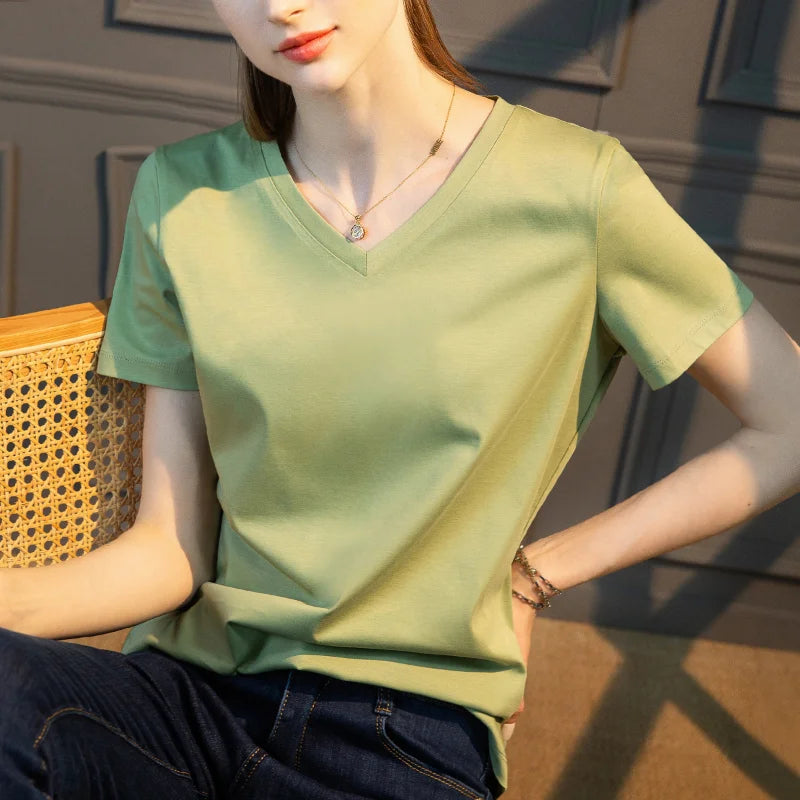 TAMBREET Summer T-shirt Soft Mulberry Silk Cotton O Neck T Shirt Womens Loose Short Sleeve Solid Top Women Color 2024 High Quality Korea