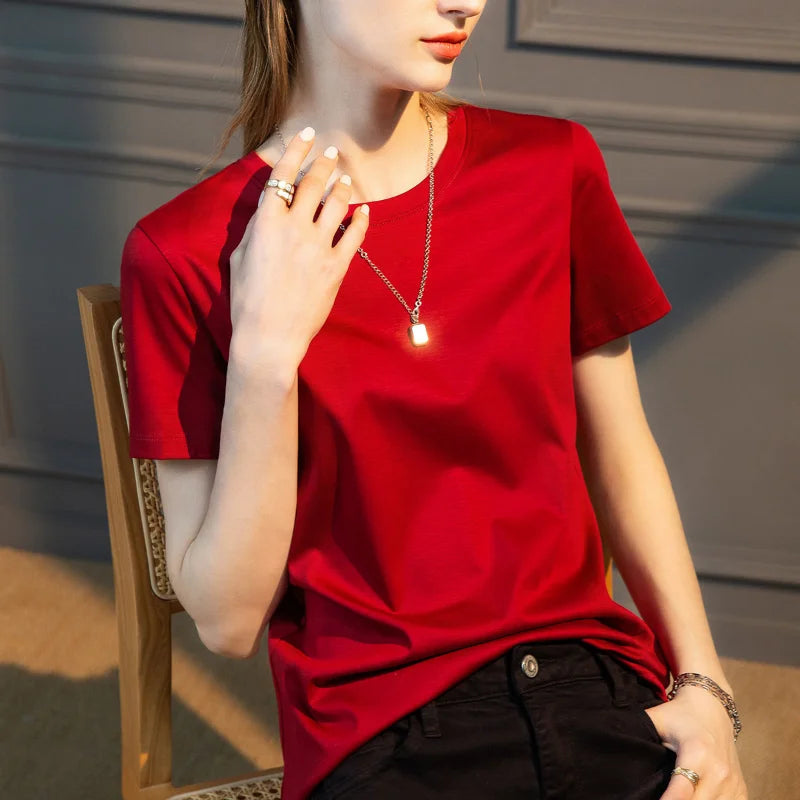 TAMBREET Summer T-shirt Soft Mulberry Silk Cotton O Neck T Shirt Womens Loose Short Sleeve Solid Top Women Color 2024 High Quality Korea