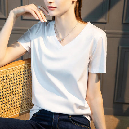 TAMBREET Summer T-shirt Soft Mulberry Silk Cotton O Neck T Shirt Womens Loose Short Sleeve Solid Top Women Color 2024 High Quality Korea