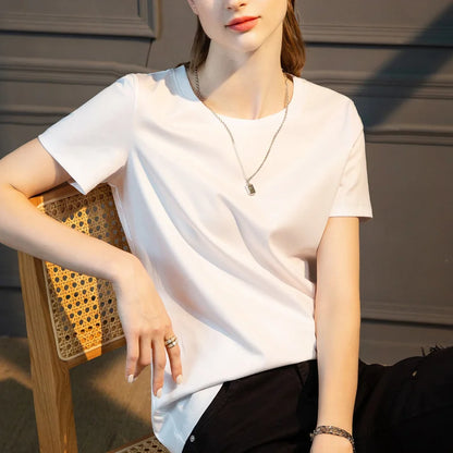 TAMBREET Summer T-shirt Soft Mulberry Silk Cotton O Neck T Shirt Womens Loose Short Sleeve Solid Top Women Color 2024 High Quality Korea