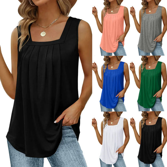 TAMBREET Summer Tank Tops for Women Loose Fit Pleated Square Neck Sleeveless Tops Curved Hem Flowy