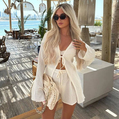 TAMBREET Summer Vacation Women Hollow Out Lace Up Shirt Sets 2024 New Female Solid V Neck Top And High Waist Shorts Suit Lady Outfits