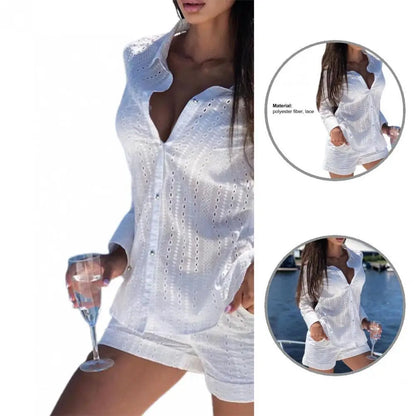 TAMBREET Summer White Two Piece Set Women 2024 Casual Shorts Sets Long Sleeve Elegant Drawstring Shorts V-Neck Plus Size Shorts Mujer Set