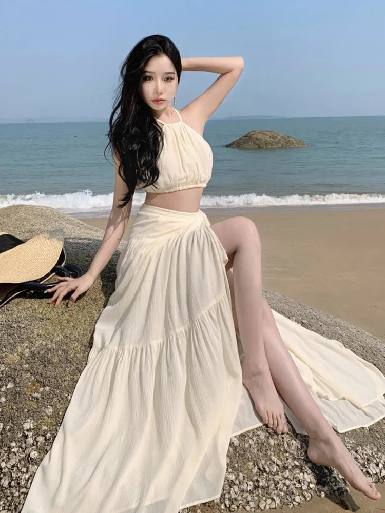 TAMBREET Summer Women Beach Two Piece Set Sexy Strap Short Tops & High Waist  One-Piece Lace Up Skirt Outfits Korean Fashion Clothing