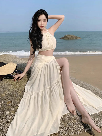 TAMBREET Summer Women Beach Two Piece Set Sexy Strap Short Tops & High Waist  One-Piece Lace Up Skirt Outfits Korean Fashion Clothing