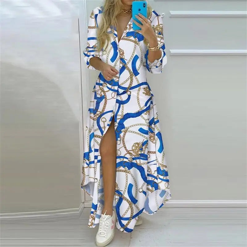 TAMBREET Summer Women Boho Printed Long Shirts Elegant Dress Turn-down Collar Long Sleeve Female Casual Split Shirt Evening Maxi Dresses