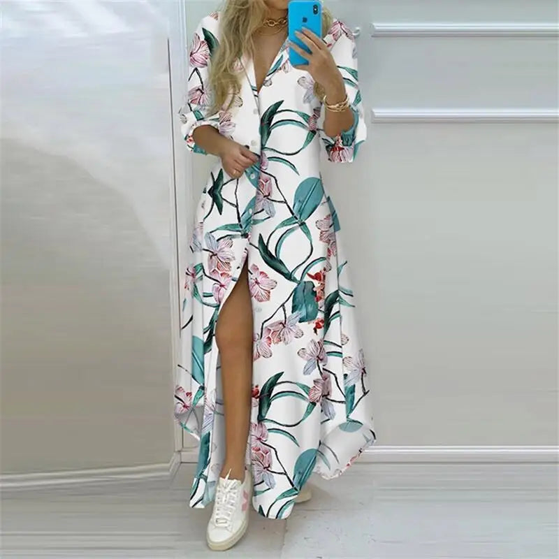 TAMBREET Summer Women Boho Printed Long Shirts Elegant Dress Turn-down Collar Long Sleeve Female Casual Split Shirt Evening Maxi Dresses