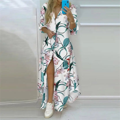 TAMBREET Summer Women Boho Printed Long Shirts Elegant Dress Turn-down Collar Long Sleeve Female Casual Split Shirt Evening Maxi Dresses