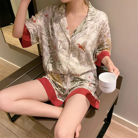 TAMBREET Summer Women Pajama Set Short Sleeve Pajamas for Woman Stain Silk Fashion Luxury Pijamas Flowers Bird Print Lapel Sleepwear