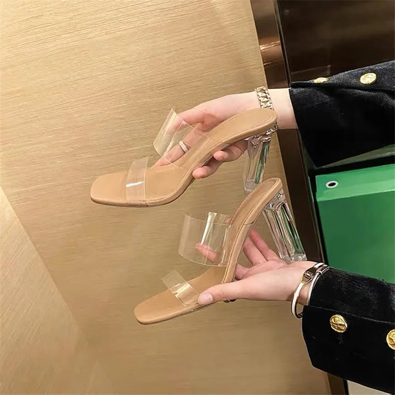 TAMBREET Summer Women Pumps Sandals PVC Jelly Slippers Open Toe High Heels Women Transparent Perspex Slippers Shoes Heel Clear Sandals