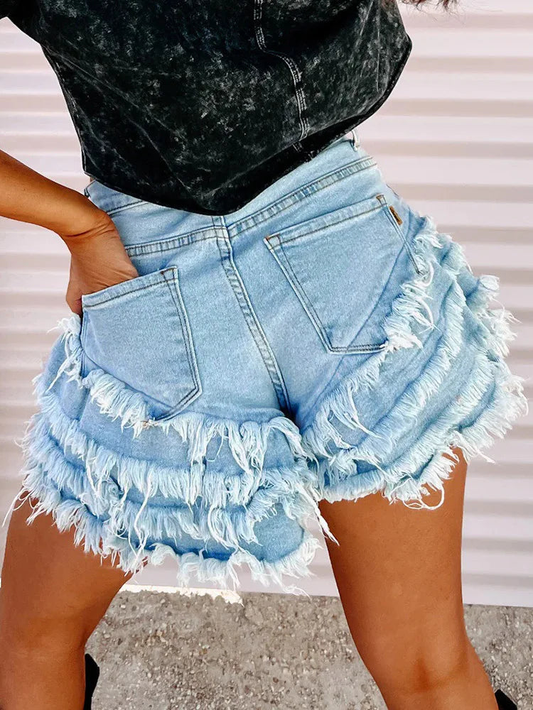 TAMBREET Summer Women Shorts Jeans Lady Sexy Hot Nightclub Fetish Cuffs Spliced Denim Pants Lady Patchwork Streetwear Party Tassel Jeans