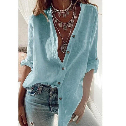 TAMBREET Summer Women's Cotton Linen Shirt Fashion Solid Color Casual Loose Button V-Neck Long Sleeve Top Commuter Wear