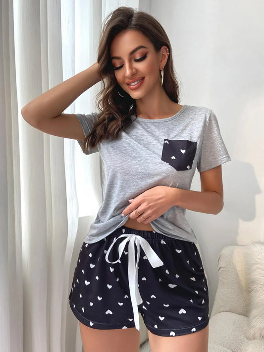 TAMBREET Summer Women's Pajamas Set Screw Neck Tee & Shorts Sleepwear 2 Pieces Heart Print Nightwear Elastic Drawstring Homewear Cloth