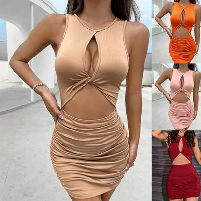 TAMBREET Summer women's tight fitting nightclub dress, sexy hollow out pleated suspender dress for women