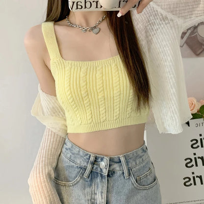 TAMBREET Sweet Candy Color Knitted Camisole Summer Women Sleeveless Casual Slim Crop Top