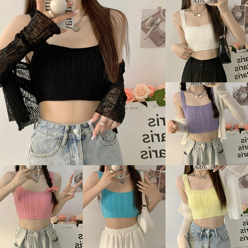 TAMBREET Sweet Candy Color Knitted Camisole Summer Women Sleeveless Casual Slim Crop Top