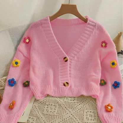 TAMBREET Sweet Cute Flower Sweater Cardigan Women Fall Winter Cropped V-neck Knitted Cardigans Female Long Sleeve Single-breasted Sweater