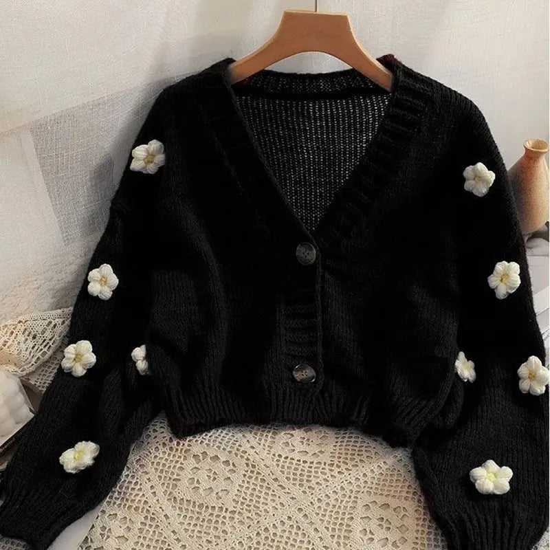 TAMBREET Sweet Cute Flower Sweater Cardigan Women Fall Winter Cropped V-neck Knitted Cardigans Female Long Sleeve Single-breasted Sweater