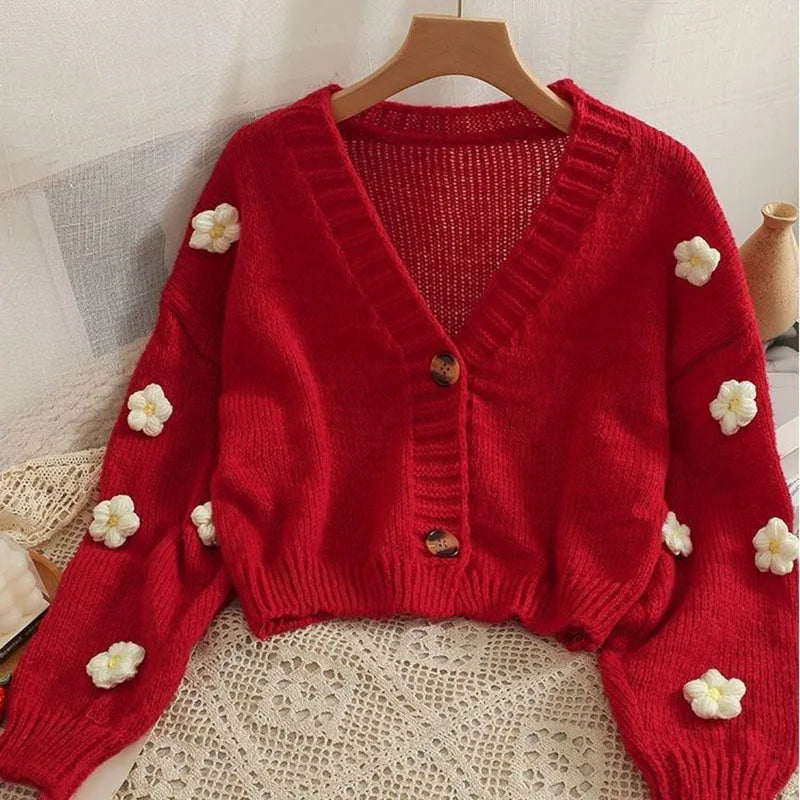 TAMBREET Sweet Cute Flower Sweater Cardigan Women Fall Winter Cropped V-neck Knitted Cardigans Female Long Sleeve Single-breasted Sweater