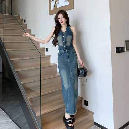 TAMBREET Sweet Hot Girl Denim Suit Women's Summer Backless Halter Neck Vest High Waisted Denim Long Skirt Two-piece Set Female Clothes