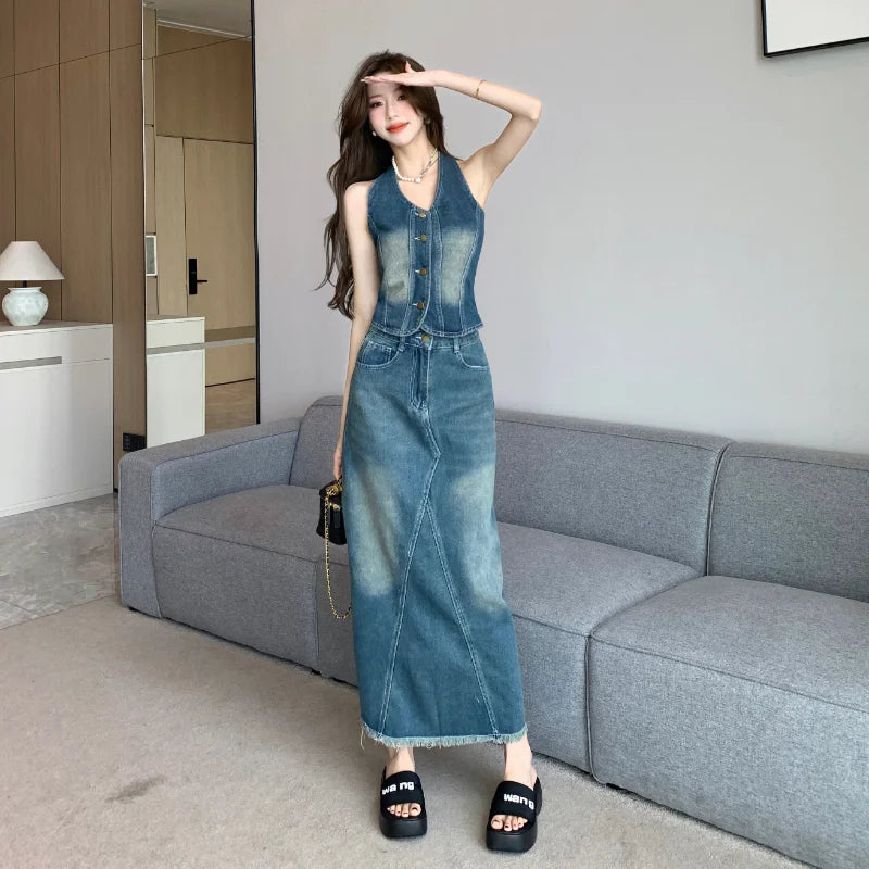 TAMBREET Sweet Hot Girl Denim Suit Women's Summer Backless Halter Neck Vest High Waisted Denim Long Skirt Two-piece Set Female Clothes