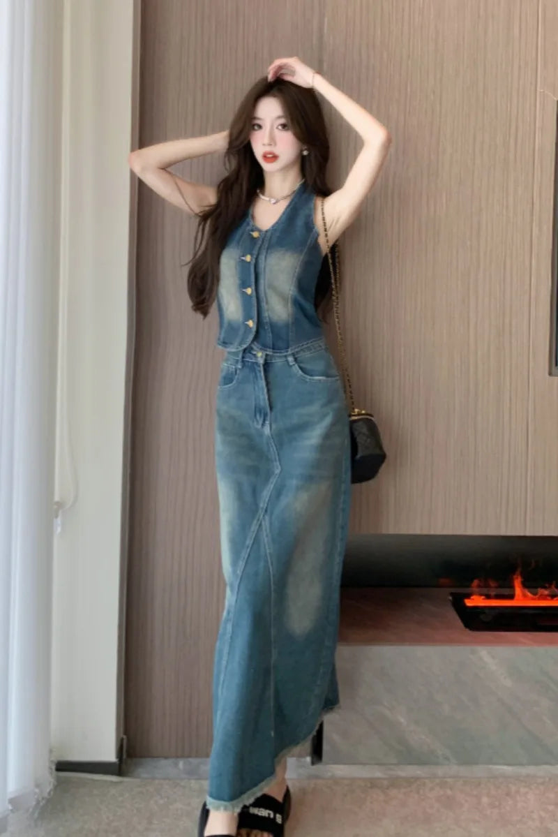 TAMBREET Sweet Hot Girl Denim Suit Women's Summer Backless Halter Neck Vest High Waisted Denim Long Skirt Two-piece Set Female Clothes