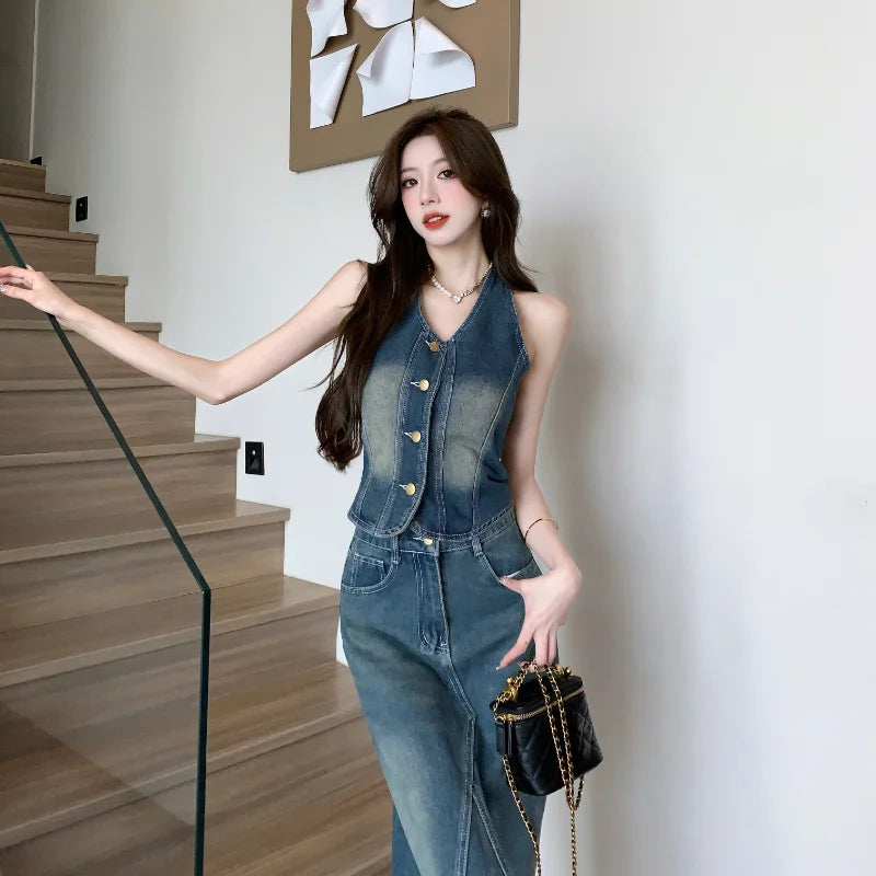 TAMBREET Sweet Hot Girl Denim Suit Women's Summer Backless Halter Neck Vest High Waisted Denim Long Skirt Two-piece Set Female Clothes