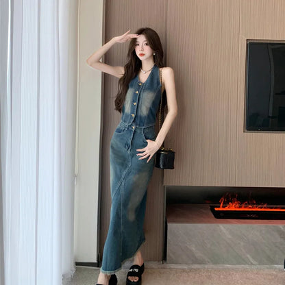 TAMBREET Sweet Hot Girl Denim Suit Women's Summer Backless Halter Neck Vest High Waisted Denim Long Skirt Two-piece Set Female Clothes